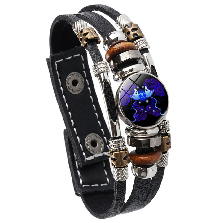 Pulsera de cuero trenzada con hebilla de cuentas de tres capas luminosa con doce constelaciones