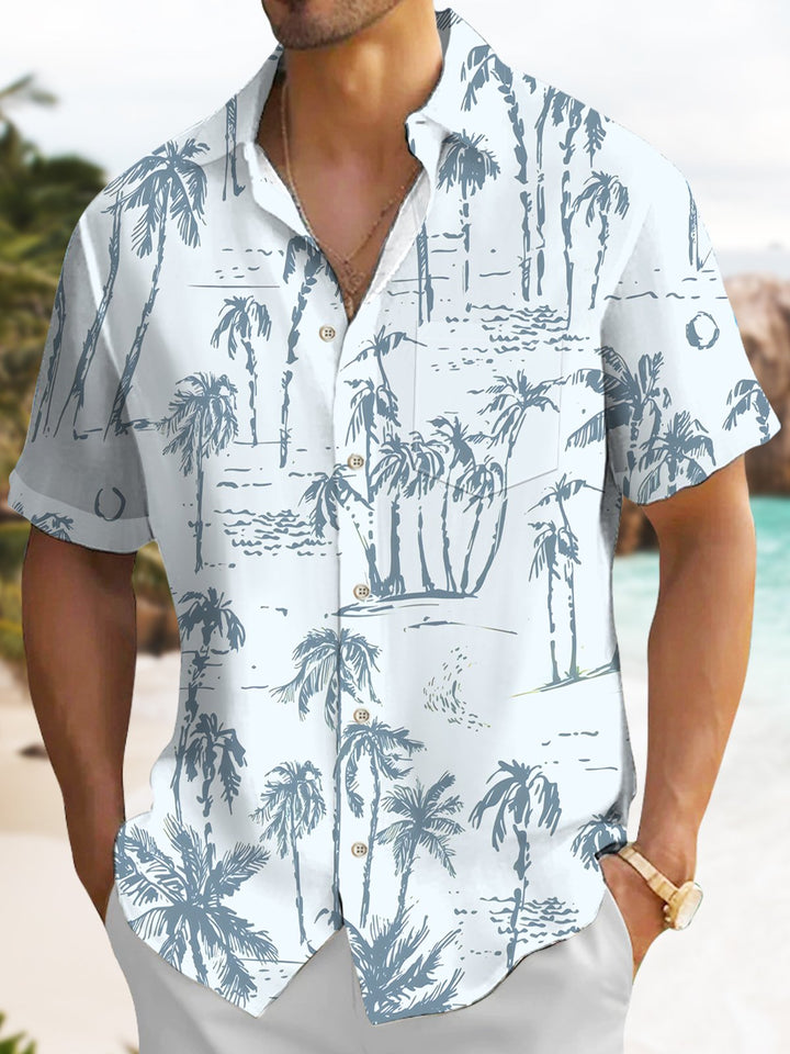 Alohadaddy Hawaiian Palm Tree Painting Art Button Cardigan Pockets Large Size Long Polyester Short Sleeve Shirt