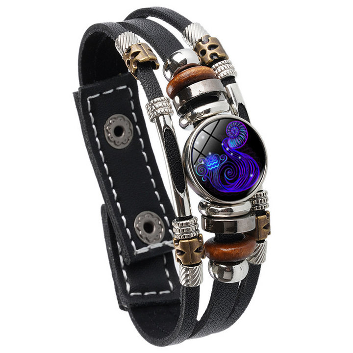 Pulsera de cuero trenzada con hebilla de cuentas de tres capas luminosa con doce constelaciones