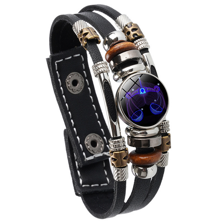 Pulsera de cuero trenzada con hebilla de cuentas de tres capas luminosa con doce constelaciones