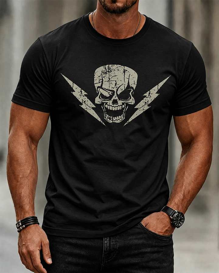 Alohadaddy Casual Crew neck Skull Lightning Print T-shirt