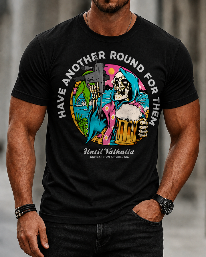 Alohadaddy Casual Retro Skull Beer Print Crew neck T-shirt