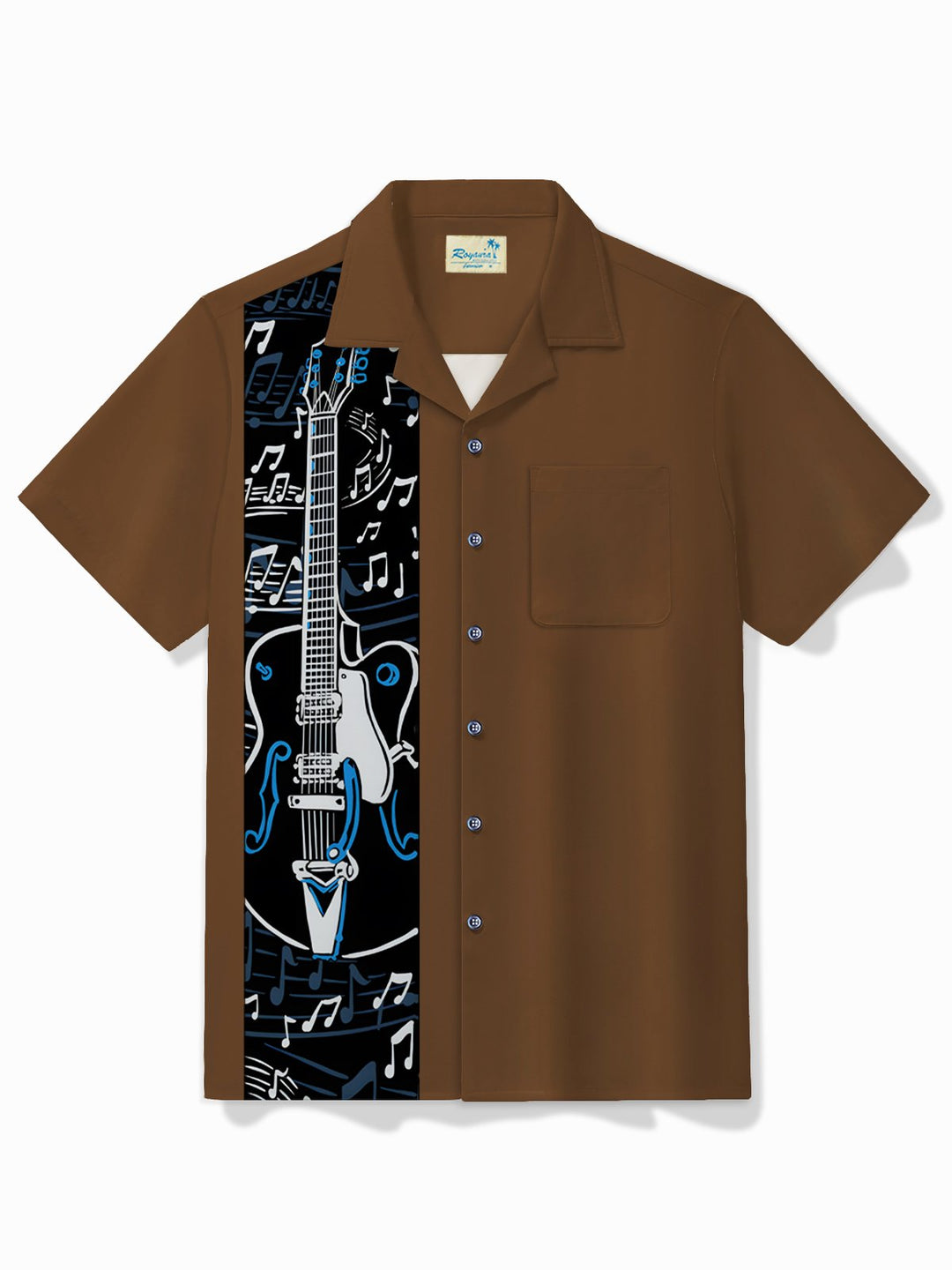 Alohadaddy Vintage Bowling Music Guitar Line Print Chest Pocket Shirt Plus Size Men&