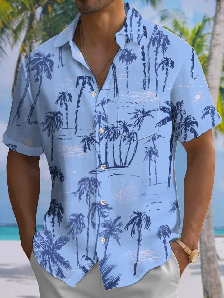 Alohadaddy Hawaiian Palm Tree Painting Art Button Cardigan Pockets Large Size Long Polyester Short Sleeve Shirt