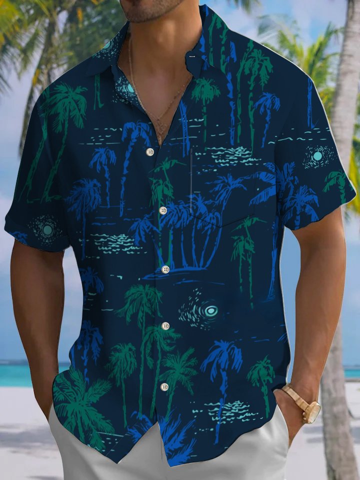 Alohadaddy Hawaiian Palm Tree Painting Art Button Cardigan Pockets Large Size Long Polyester Short Sleeve Shirt