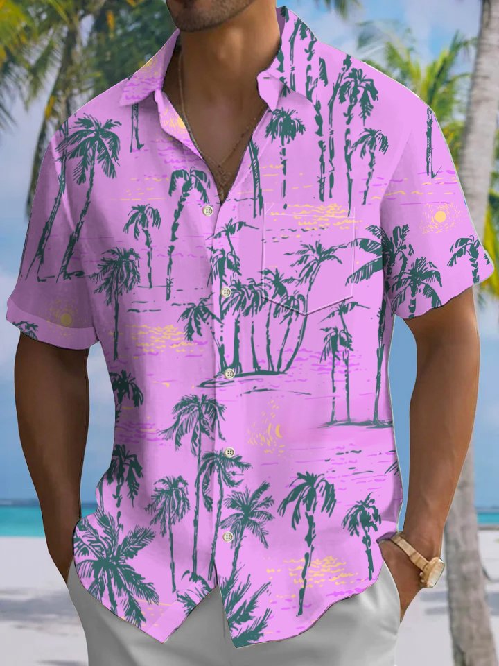 Alohadaddy Hawaiian Palm Tree Painting Art Button Cardigan Pockets Large Size Long Polyester Short Sleeve Shirt