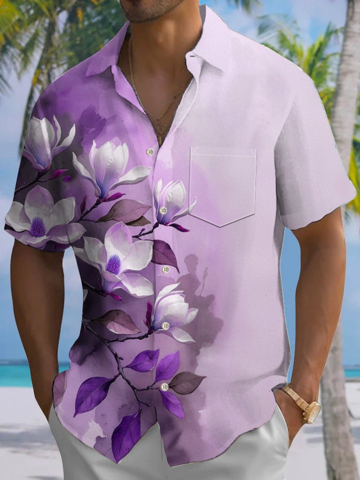 Alohadaddy Casual Collection Hawaii Flowers Everyday Cool Print Art Pocket Cardigan Buttons Polyester Stretch Short Sleeve Shirt
