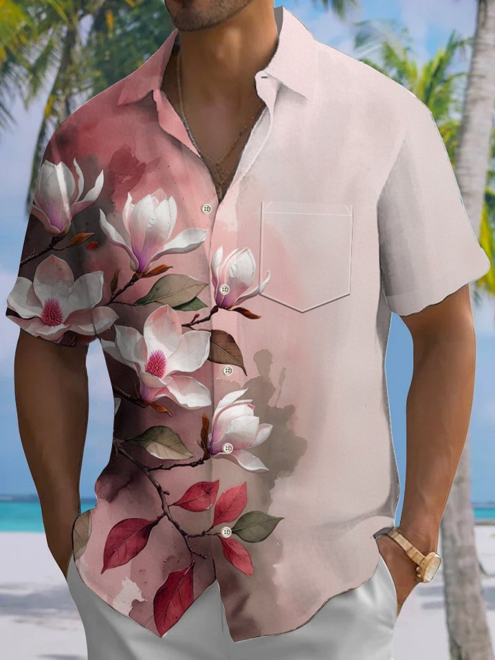 Alohadaddy Casual Collection Hawaii Flowers Everyday Cool Print Art Pocket Cardigan Buttons Polyester Stretch Short Sleeve Shirt