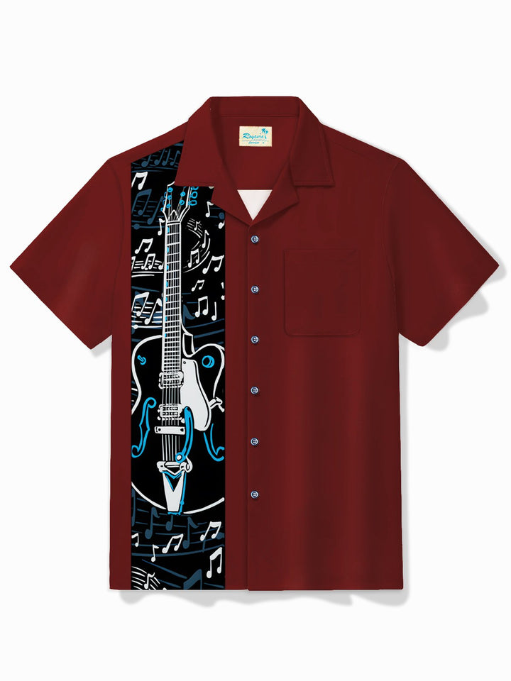 Alohadaddy Vintage Bowling Music Guitar Line Print Chest Pocket Shirt Plus Size Men&