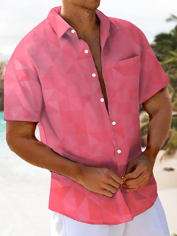 Alohadaddy Leisure Collection Geometric Triangle Gradient Color Print Art Pocket Cardigan Button Polyester Stretch Short Sleeve Shirt