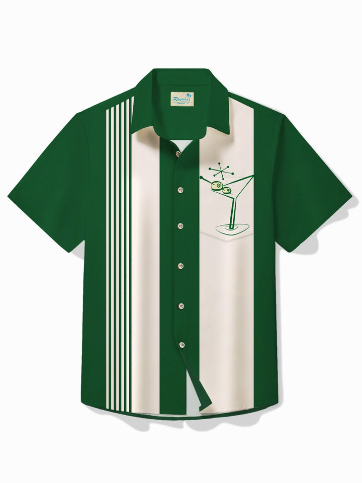 Alohadaddy Vintage Bowling Glass Print Chest Pocket Shirt Plus Size Men&