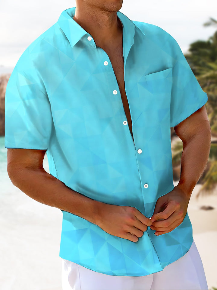 Alohadaddy Leisure Collection Geometric Triangle Gradient Color Print Art Pocket Cardigan Button Polyester Stretch Short Sleeve Shirt