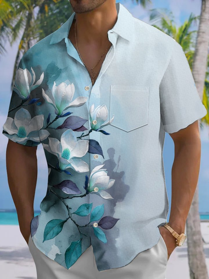 Alohadaddy Casual Collection Hawaii Flowers Everyday Cool Print Art Pocket Cardigan Buttons Polyester Stretch Short Sleeve Shirt