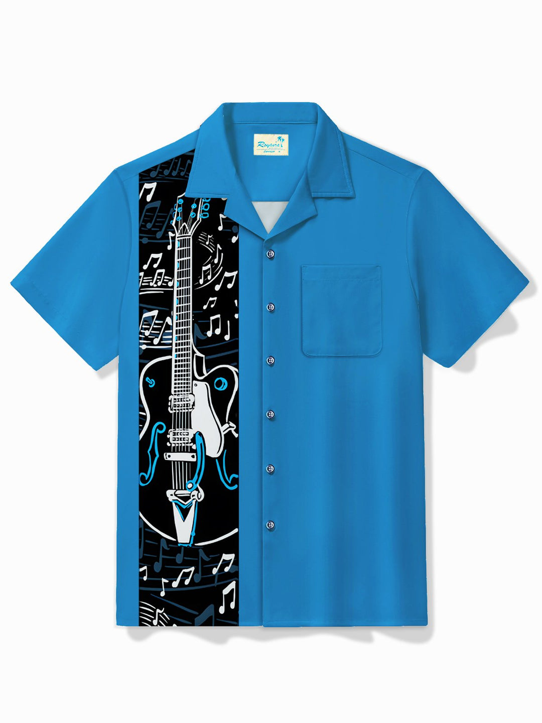 Alohadaddy Vintage Bowling Music Guitar Line Print Chest Pocket Shirt Plus Size Men&