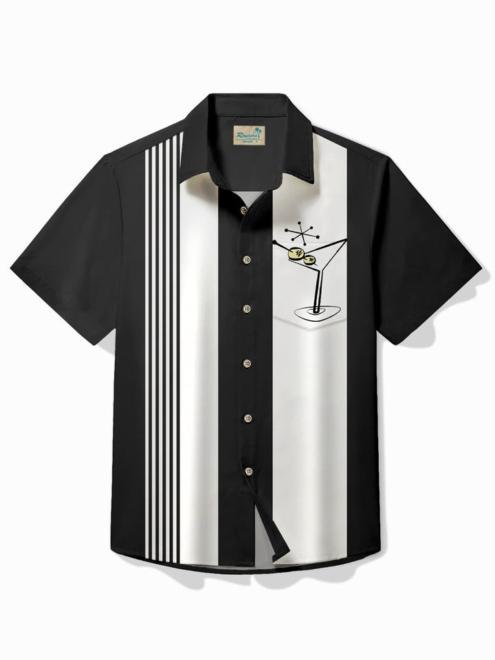 Alohadaddy Vintage Bowling Glass Print Chest Pocket Shirt Plus Size Men&