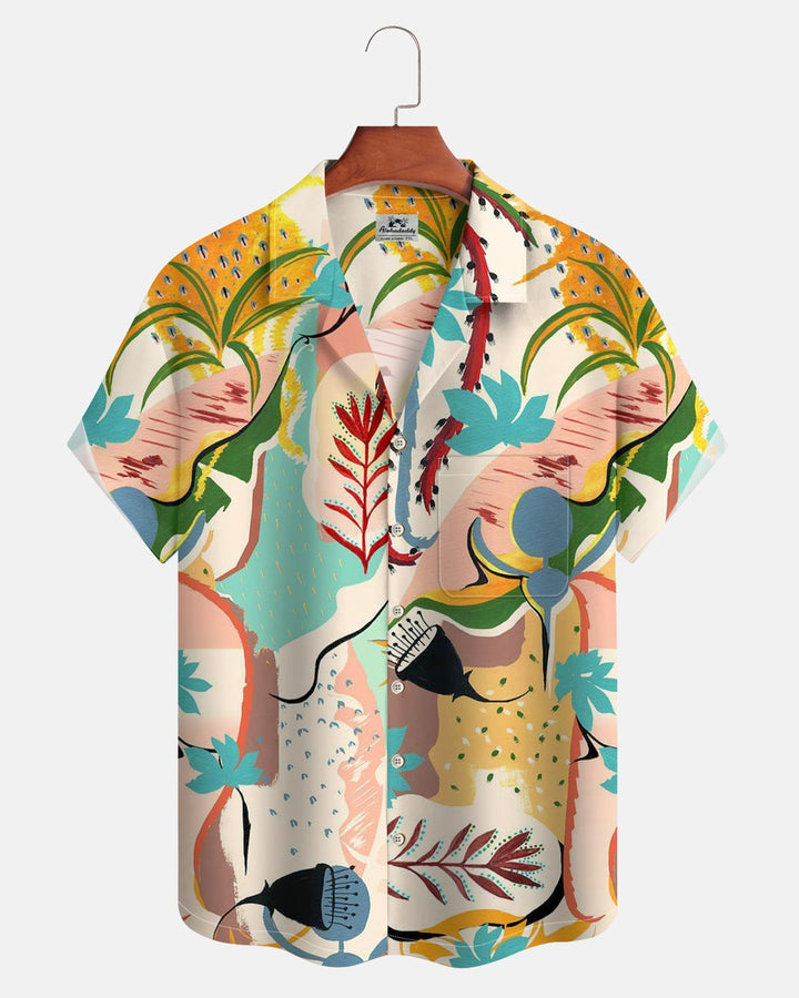 Alohadaddy®Hawaiian Hand-Painted Floral And Plant-Themed Vacation-Style Short-Sleeved Shirt