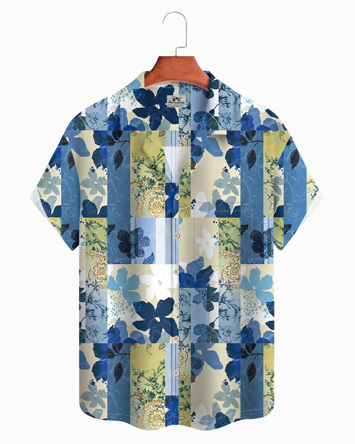 Alohadaddy® Casual Blue Floral Color Block Men's Short-Sleeve Shirt