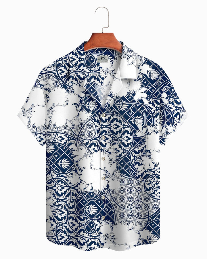 Alohadaddy® Casual Retro Blue And White Porcelain European Scroll Floral Pattern Men&