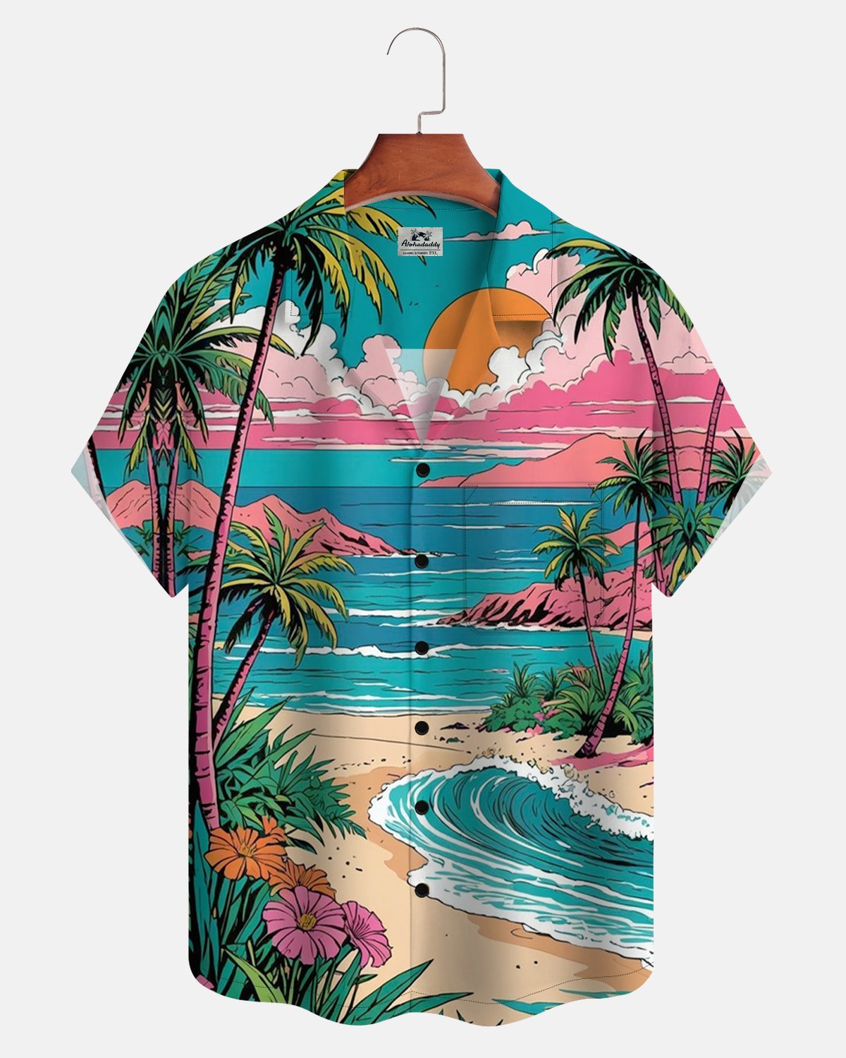 Alohadaddy® Retro Hawaiian Beach Sunset Coconut Tree Men's Short-Sleeve Shirt