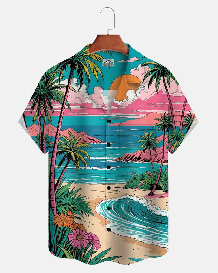 Alohadaddy® Retro Hawaiian Beach Sunset Coconut Tree Men&