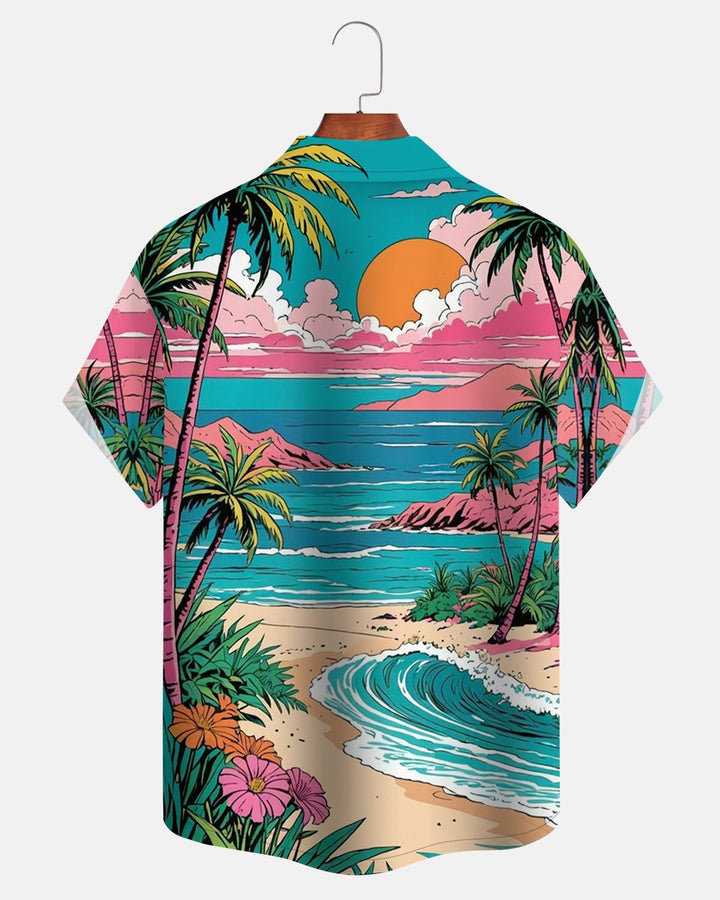 Alohadaddy® Retro Hawaiian Beach Sunset Coconut Tree Men&