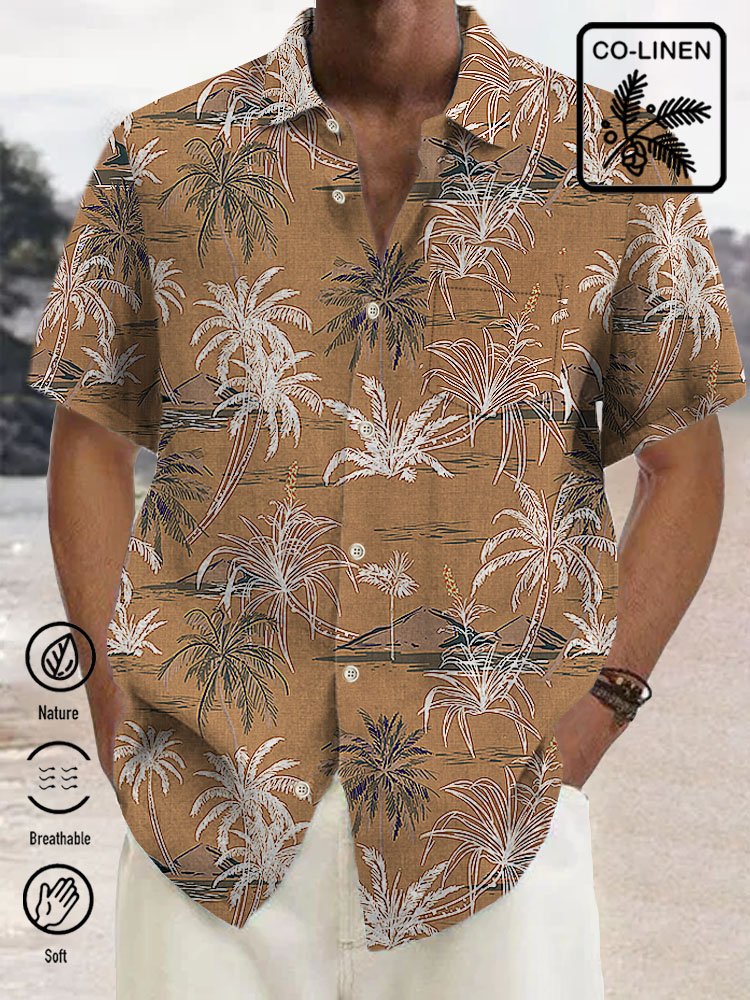 Alohadaddy Linen Hawaiian Coconut Tree Blue Print Chest Bag Shirt Plus Size Holiday Shirt