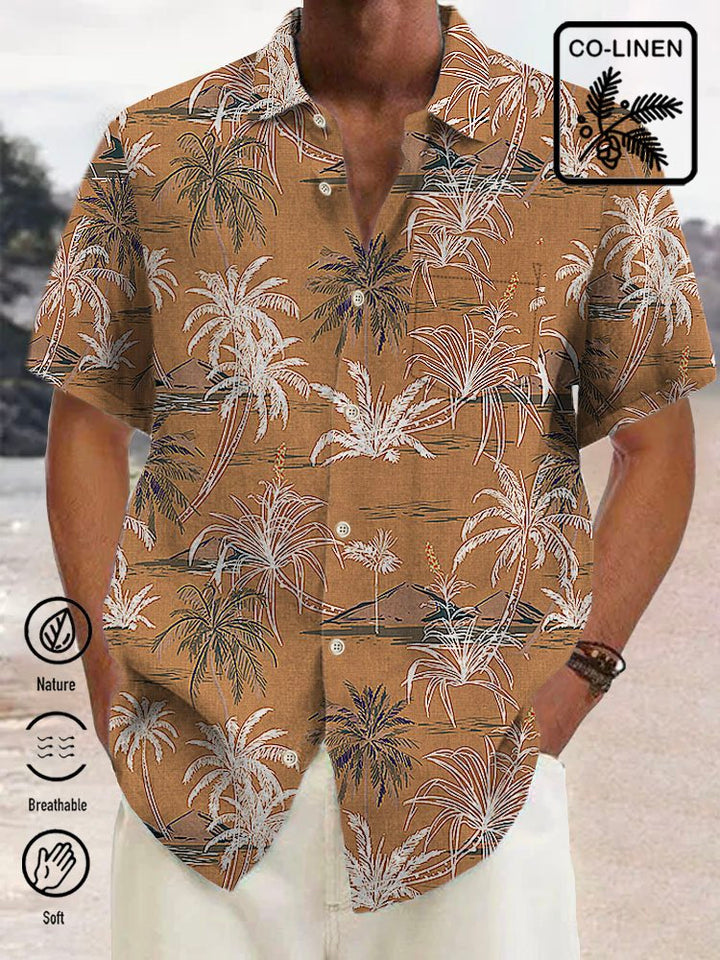 Alohadaddy Linen Hawaiian Coconut Tree Blue Print Chest Bag Shirt Plus Size Holiday Shirt