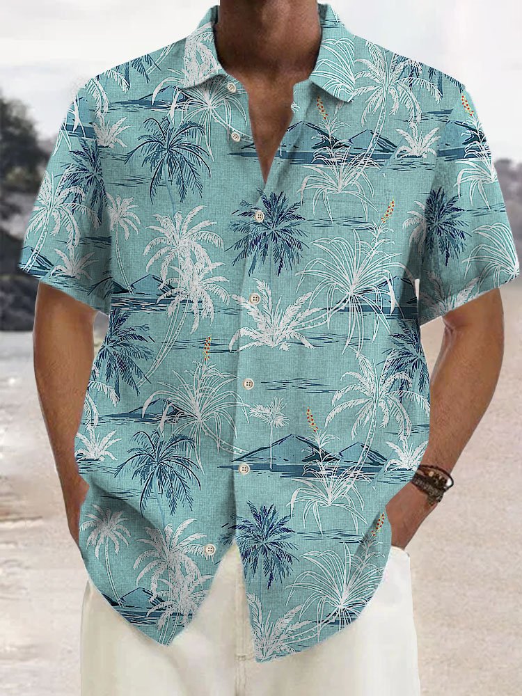 Alohadaddy Linen Hawaiian Coconut Tree Blue Print Chest Bag Shirt Plus Size Holiday Shirt