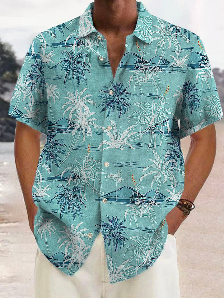 Alohadaddy Linen Hawaiian Coconut Tree Blue Print Chest Bag Shirt Plus Size Holiday Shirt