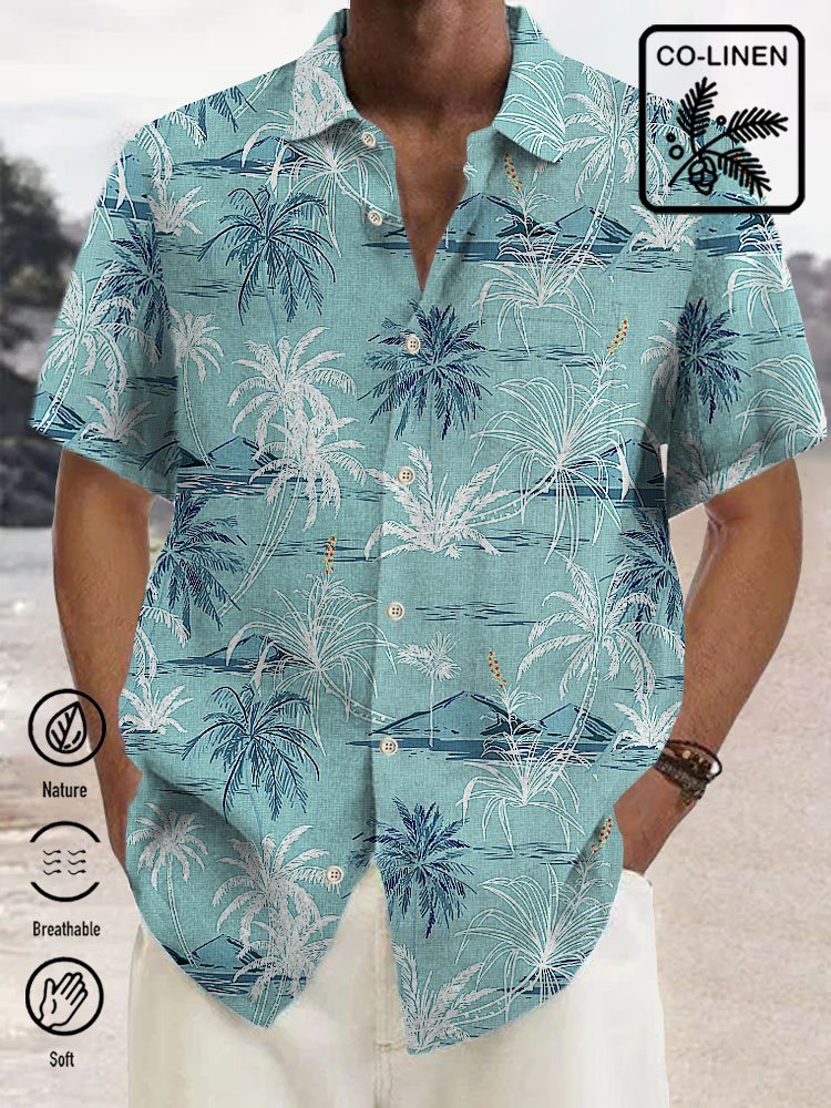 Alohadaddy Linen Hawaiian Coconut Tree Blue Print Chest Bag Shirt Plus Size Holiday Shirt
