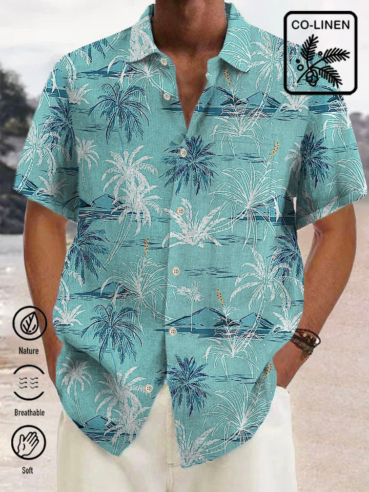 Alohadaddy Linen Hawaiian Coconut Tree Blue Print Chest Bag Shirt Plus Size Holiday Shirt