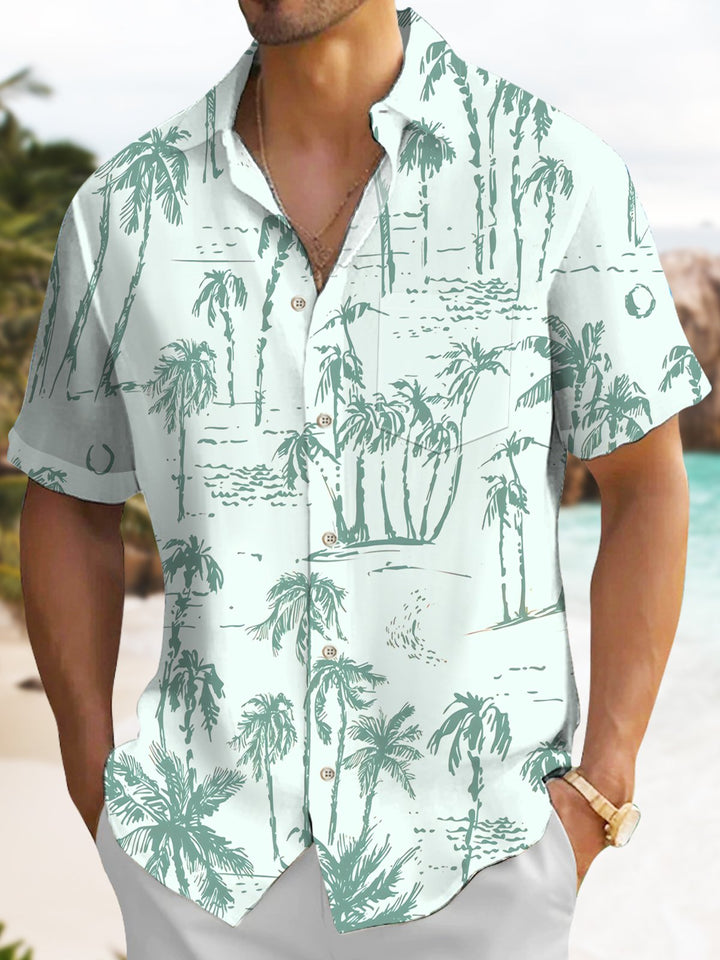 Alohadaddy Hawaiian Palm Tree Painting Art Button Cardigan Pockets Large Size Long Polyester Short Sleeve Shirt