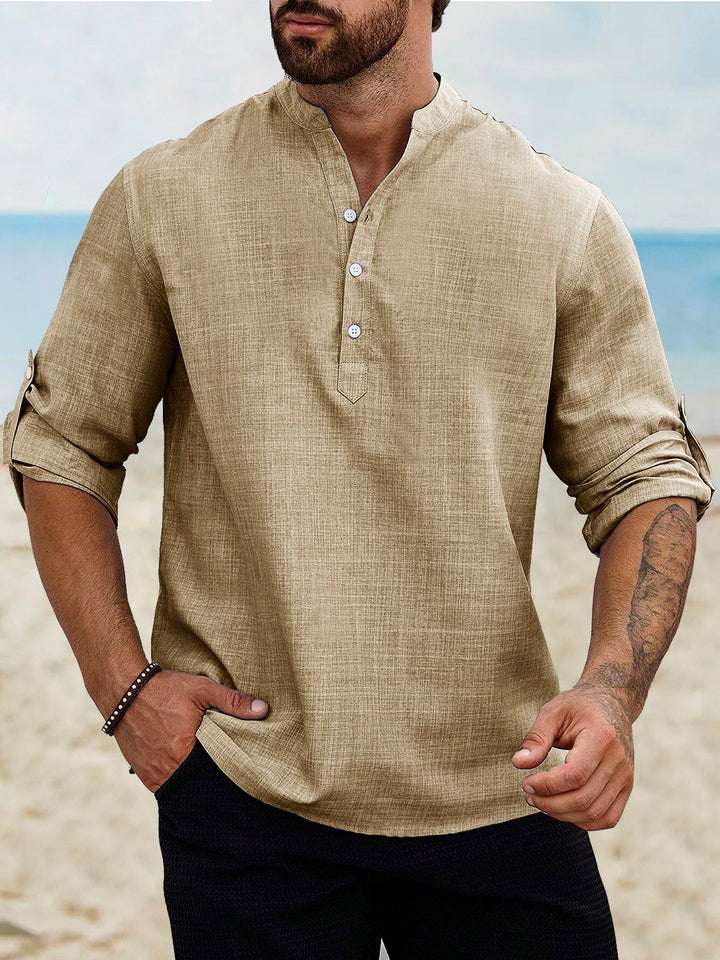 Camisas de manga larga con cuello de banda, de lino y algodón, básicas, informales, vintage, de Alohadaddy, cómodas y transpirables para campamento