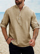 Alohadaddy Vintage Casual Basic Cotton Linen Long Sleeve Band Collar Shirts Breathable Comfortable Camp Shirts