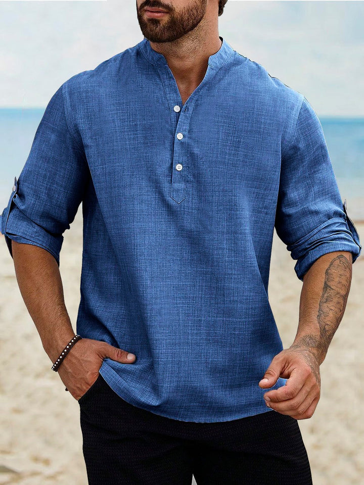Camisas de manga larga con cuello de banda, de lino y algodón, básicas, informales, vintage, de Alohadaddy, cómodas y transpirables para campamento