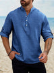 Alohadaddy Vintage Casual Basic Cotton Linen Long Sleeve Band Collar Shirts Breathable Comfortable Camp Shirts