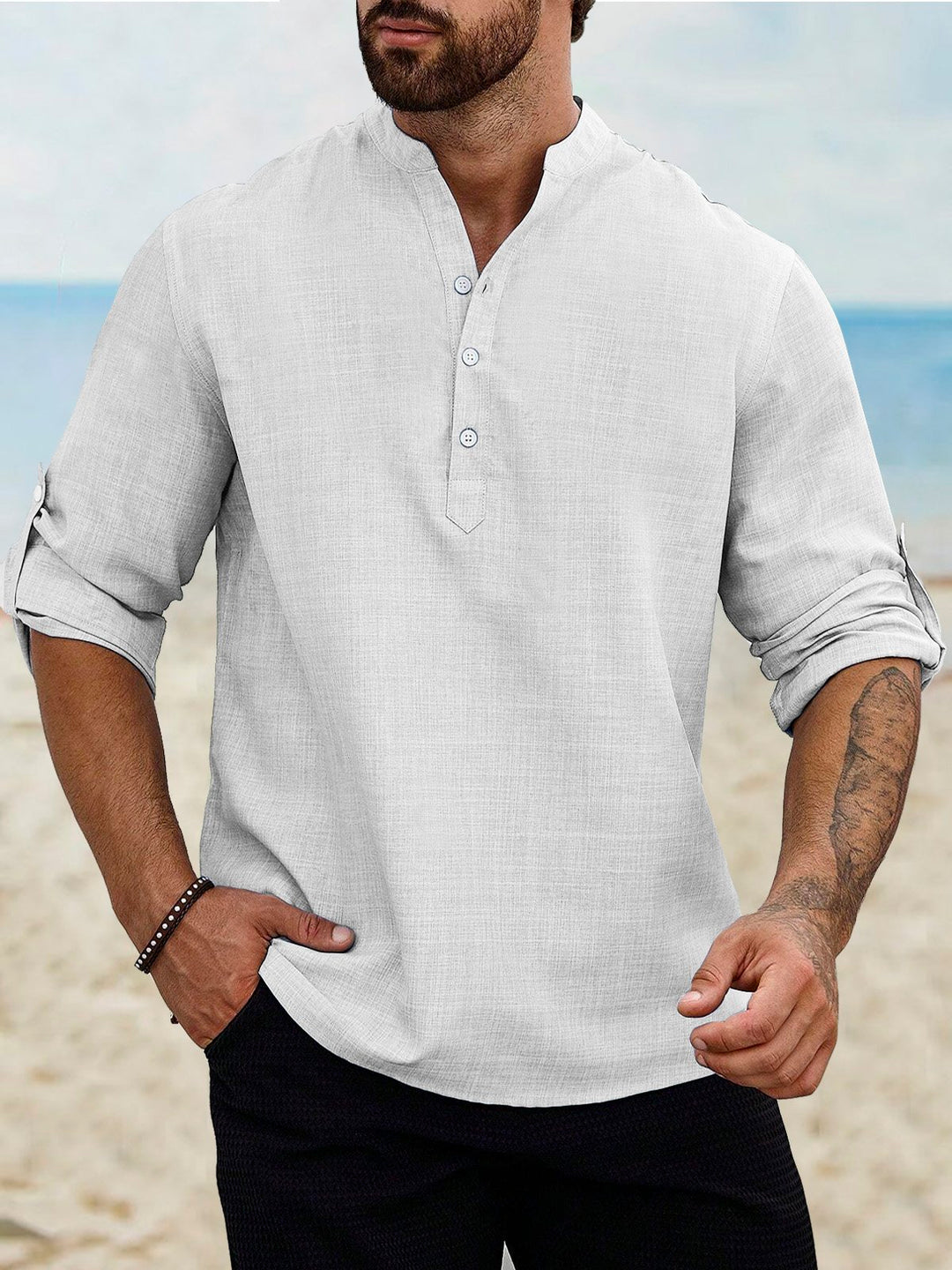 Camisas de manga larga con cuello de banda, de lino y algodón, básicas, informales, vintage, de Alohadaddy, cómodas y transpirables para campamento
