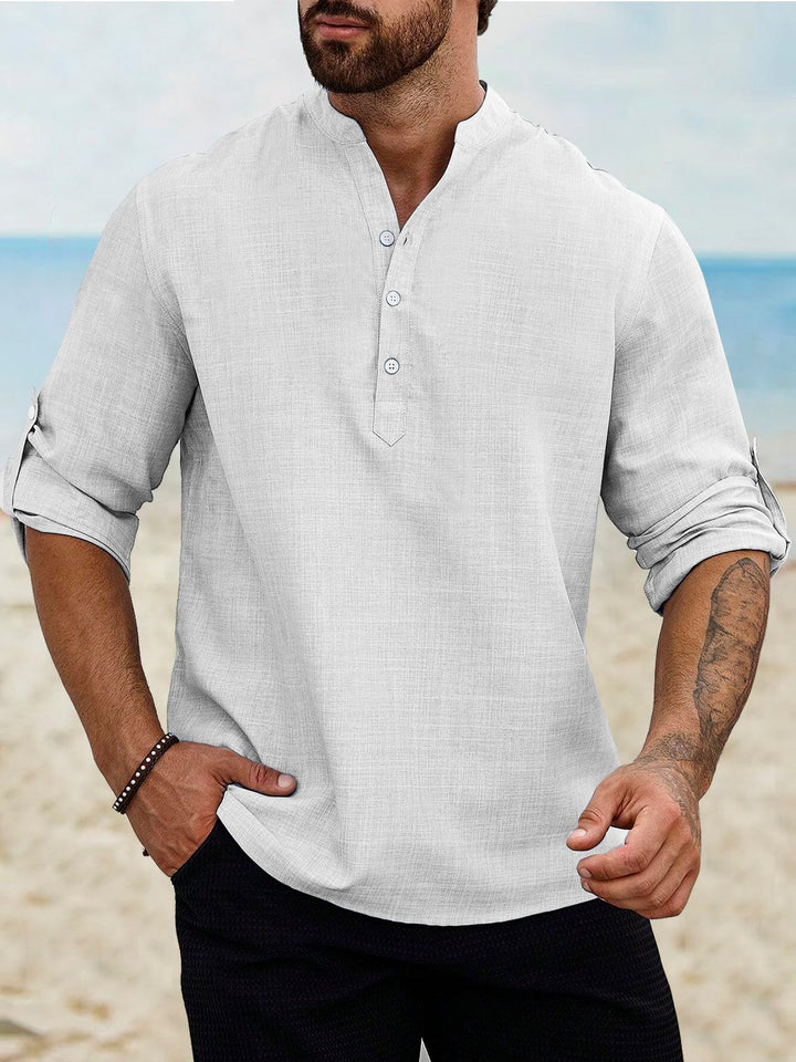 Camisas de manga larga con cuello de banda, de lino y algodón, básicas, informales, vintage, de Alohadaddy, cómodas y transpirables para campamento