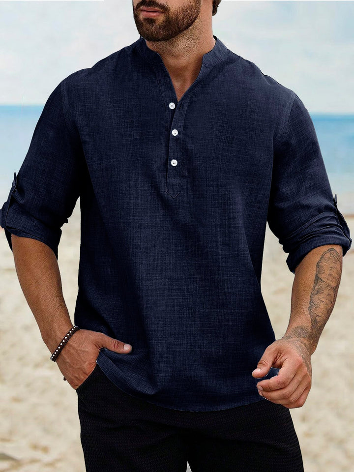Camisas de manga larga con cuello de banda, de lino y algodón, básicas, informales, vintage, de Alohadaddy, cómodas y transpirables para campamento