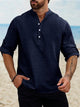 Alohadaddy Vintage Casual Basic Cotton Linen Long Sleeve Band Collar Shirts Breathable Comfortable Camp Shirts