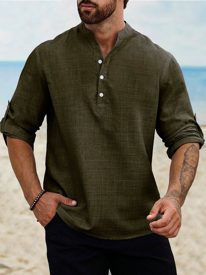 Camisas de manga larga con cuello de banda, de lino y algodón, básicas, informales, vintage, de Alohadaddy, cómodas y transpirables para campamento