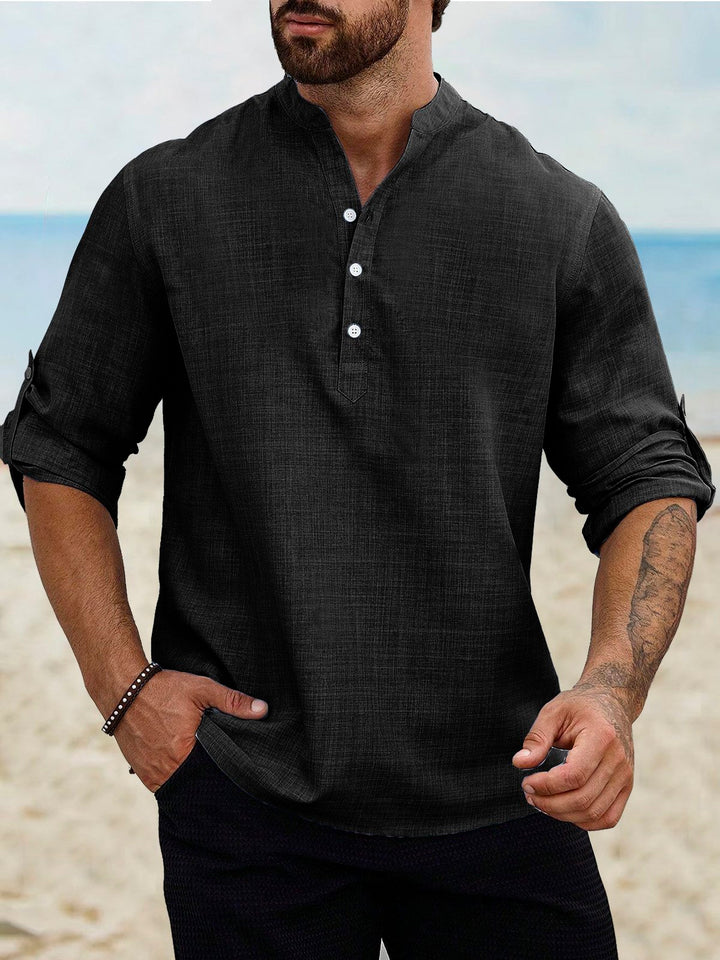 Camisas de manga larga con cuello de banda, de lino y algodón, básicas, informales, vintage, de Alohadaddy, cómodas y transpirables para campamento