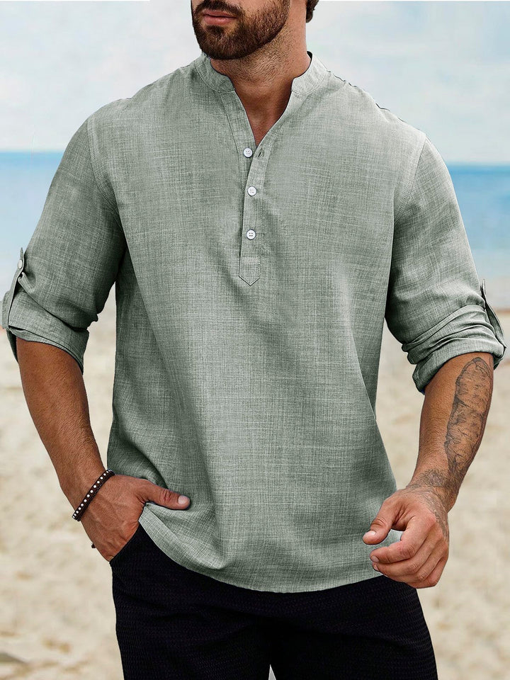 Camisas de manga larga con cuello de banda, de lino y algodón, básicas, informales, vintage, de Alohadaddy, cómodas y transpirables para campamento