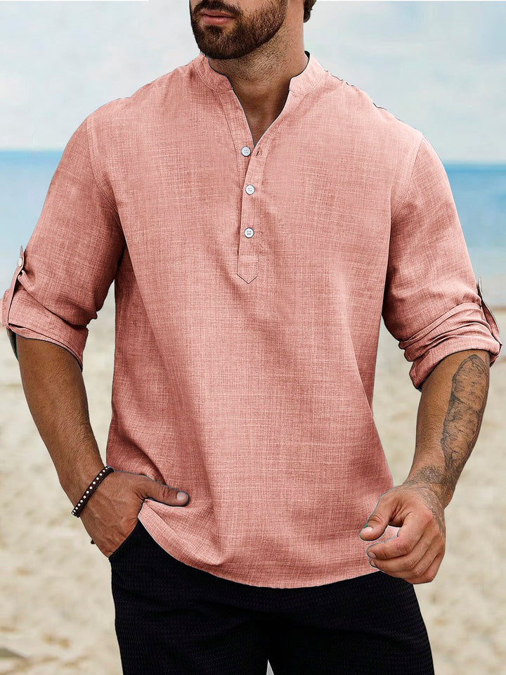 Camisas de manga larga con cuello de banda, de lino y algodón, básicas, informales, vintage, de Alohadaddy, cómodas y transpirables para campamento