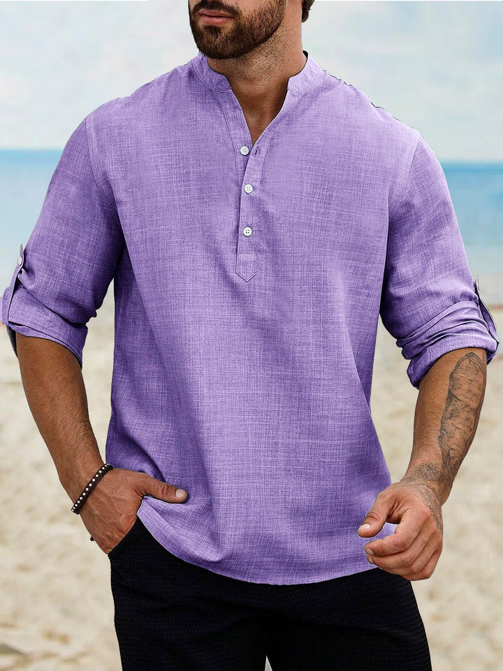 Camisas de manga larga con cuello de banda, de lino y algodón, básicas, informales, vintage, de Alohadaddy, cómodas y transpirables para campamento