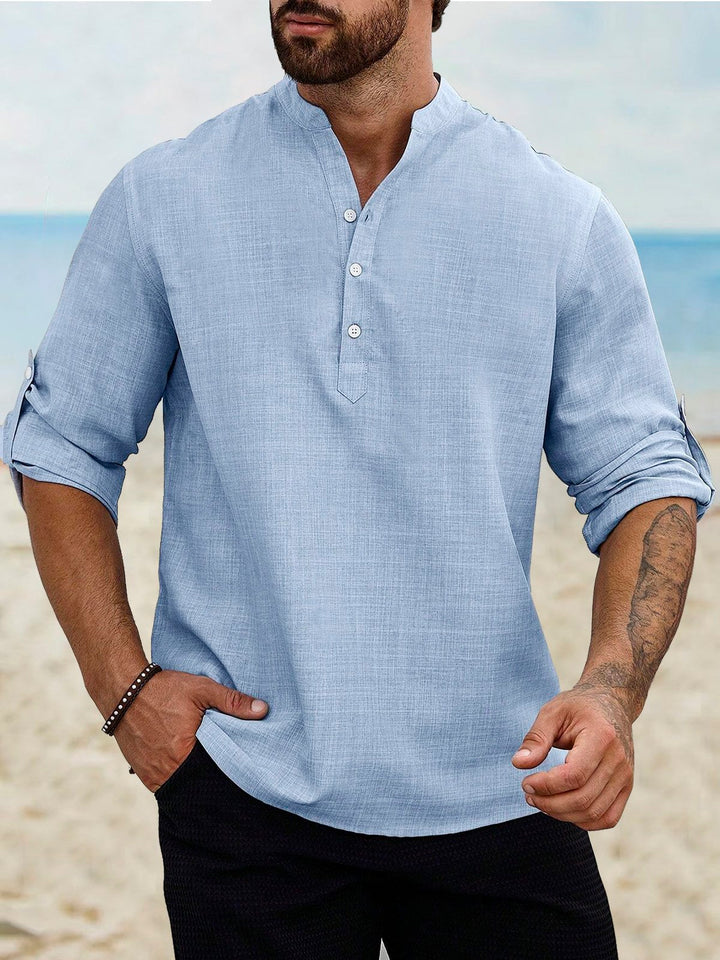 Camisas de manga larga con cuello de banda, de lino y algodón, básicas, informales, vintage, de Alohadaddy, cómodas y transpirables para campamento