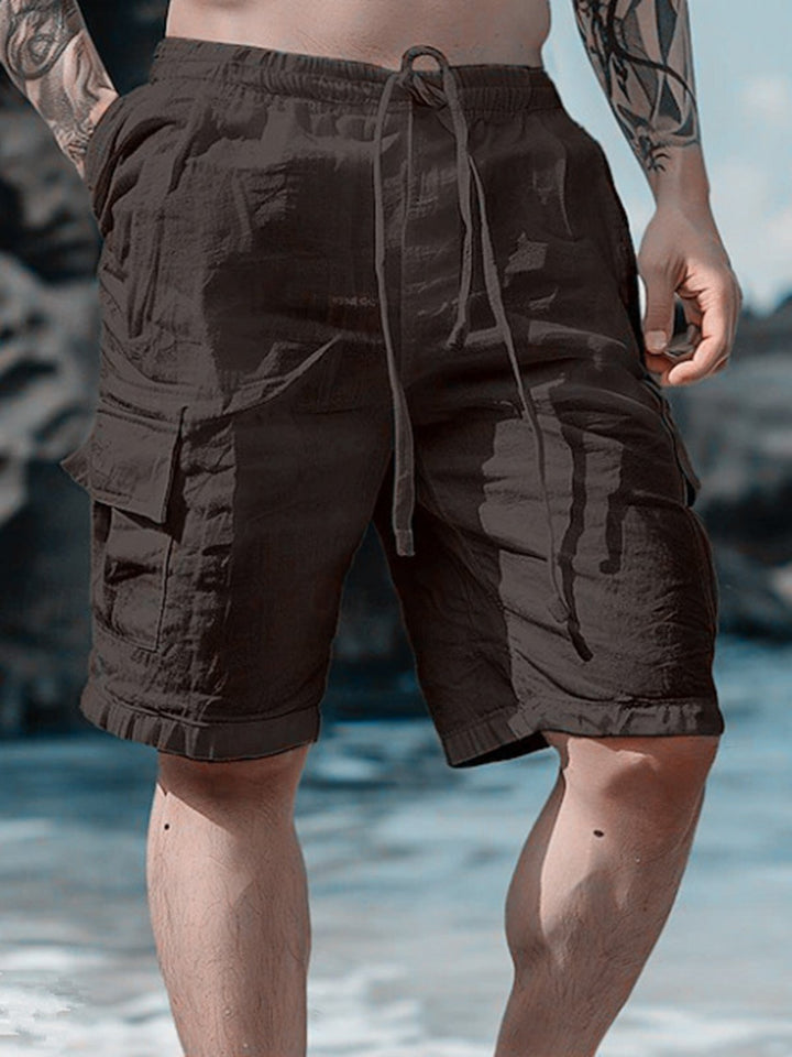 Alohadaddy® Casual Cotton and Linen Shorts Drawstring Elastic Waist Straight Leg Solid Color Breathable Daily Beach Five-point Casual Shorts