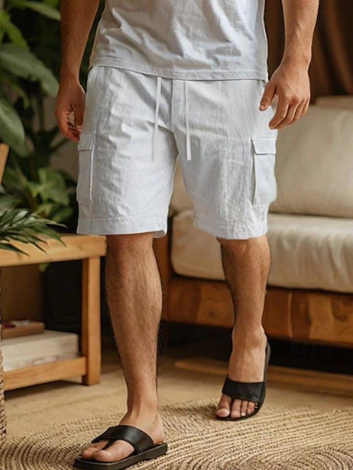 Alohadaddy® Cotton And Linen Workwear Shorts Drawstring Elastic Waist Straight Leg Solid Color Breathable Beach Five-point Casual Shorts