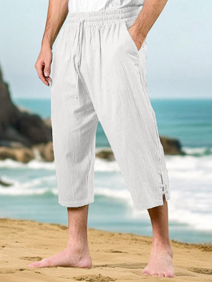Alohadaddy® Drawstring Waist Multi-Pocket Cotton Linen Capri Beach Pants