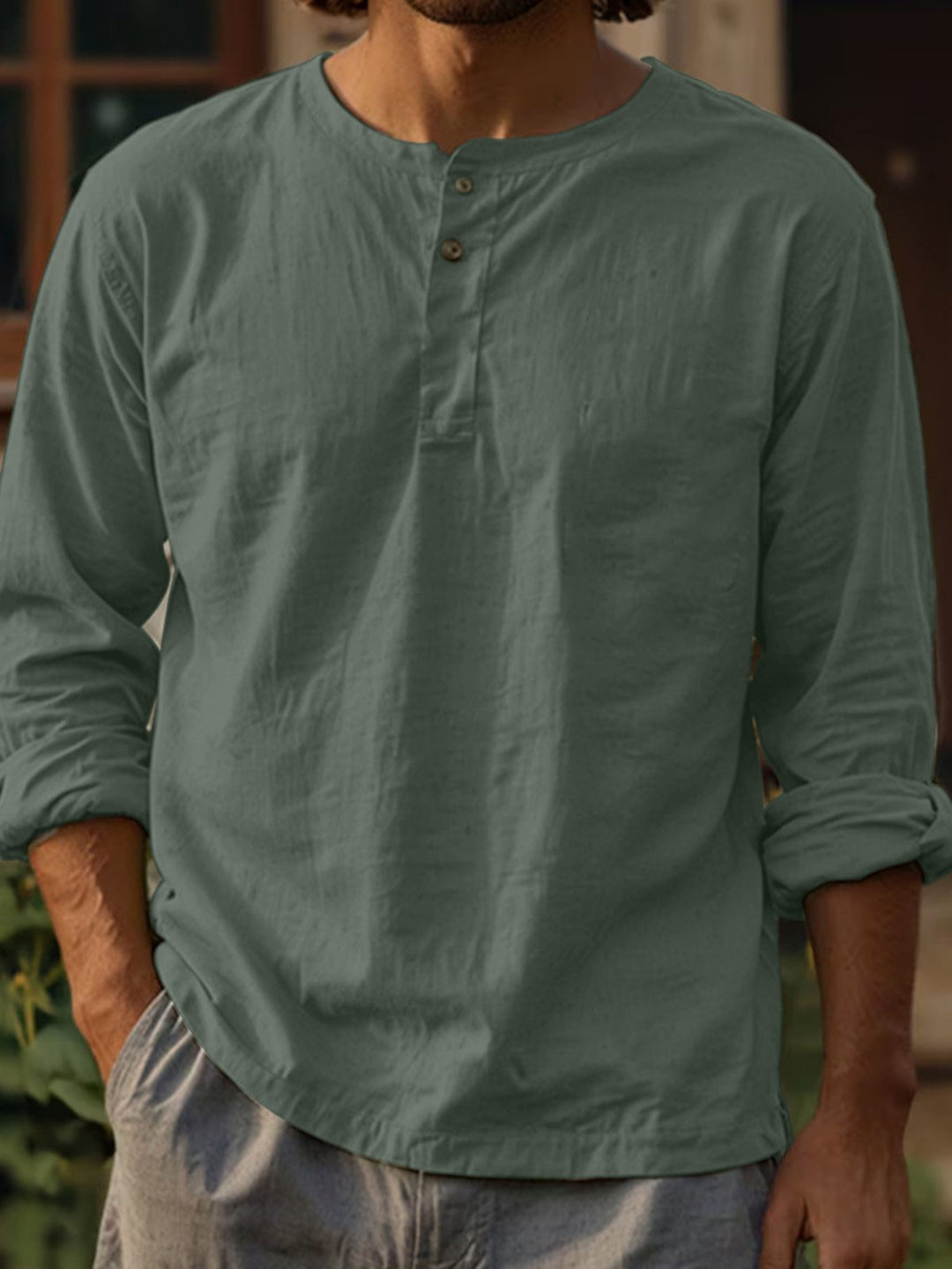 Alohadaddy® Casual Long Sleeve Cotton and Linen Solid Color Shirt Round Neck Clothing Button Two-Button Linen T-Shirt Big &amp; Tall